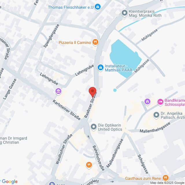Lehrlingsportal.at Eine Karte, die Straßen und Geschäfte in einem kleinen Stadtgebiet zeigt, mit der Raabser Straße in der Nähe der Karlslehner Straße im Mittelpunkt, mit Beschriftungen verschiedener Geschäfte und Sehenswürdigkeiten.