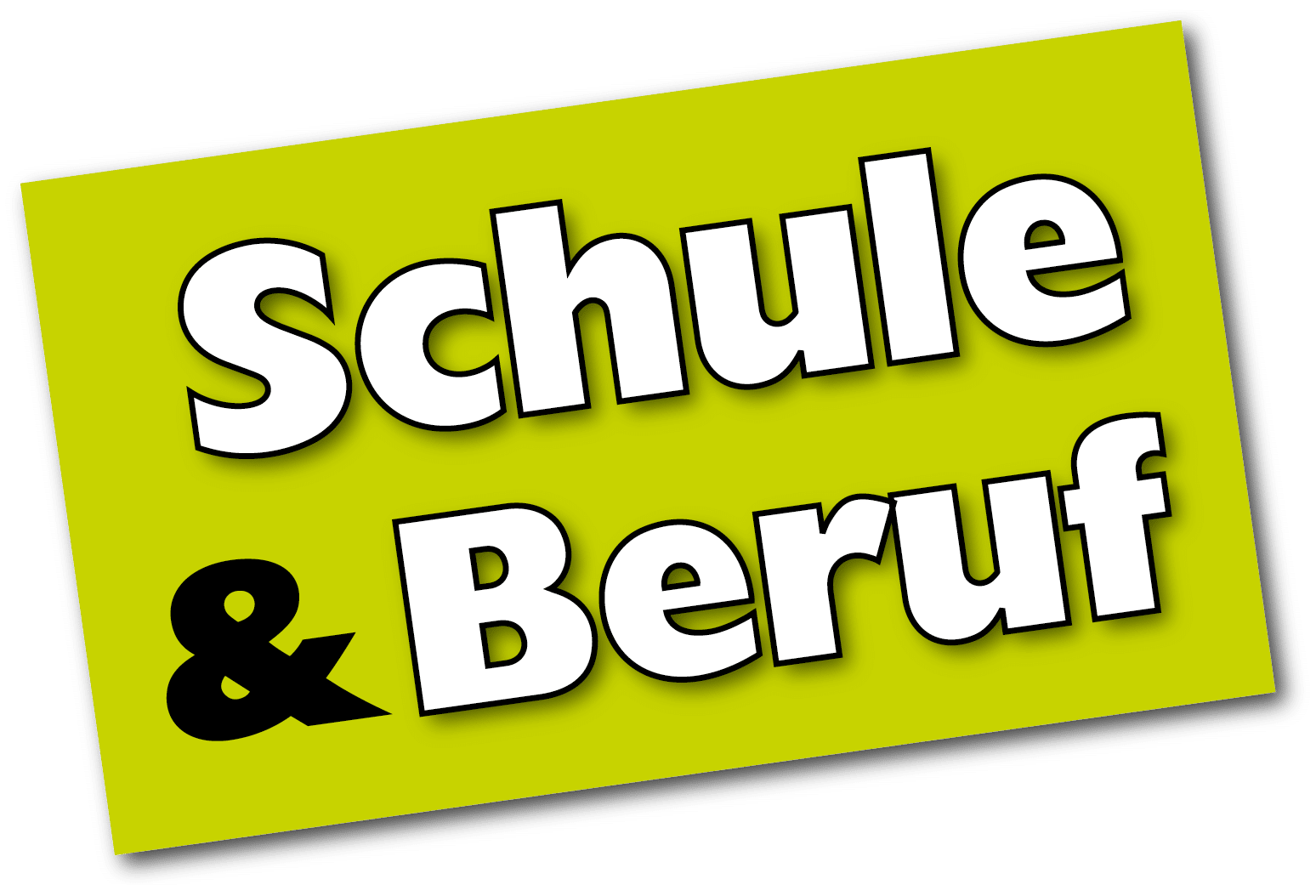 Lehrlingsportal.at Ein grünes Rechteck mit den deutschen Worten "Schule & Beruf" in fetter weißer und schwarzer Schrift, was "Schule & Beruf" bedeutet.