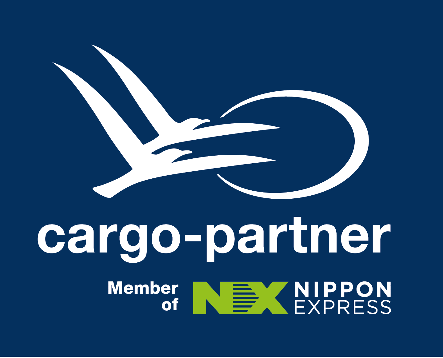 Lehrlingsportal.at Logo mit zwei stilisierten Vögeln im Flug, dem Text "cargo-partner" und "Member of NEX Nippon Express" auf dunkelblauem Hintergrund.