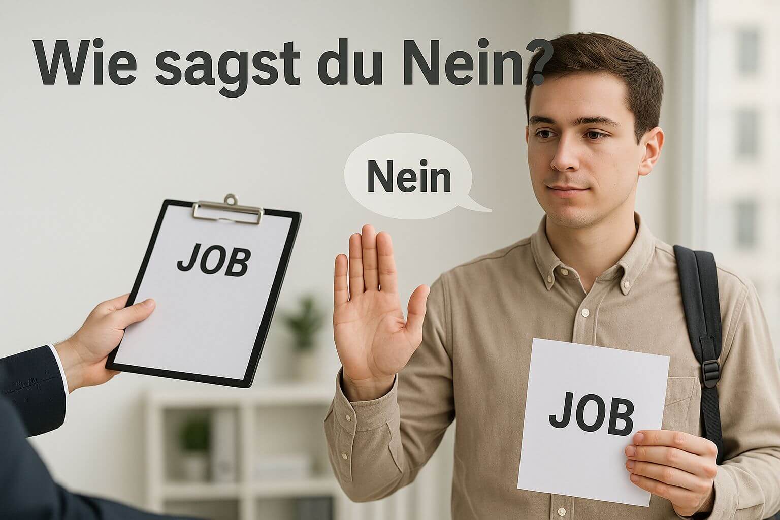 Lehrlingsportal.at Ein Mann mit einem "JOB"-Schild hebt seine Hand, um ein Jobangebot abzulehnen, und sagt "Nein" als Antwort auf ein Klemmbrett mit der Aufschrift "JOB". Der Text lautet: "Wie sagst du Nein?.