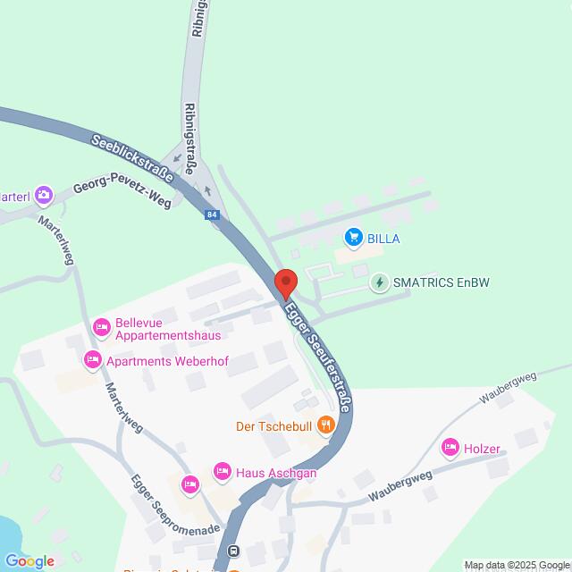 Lehrlingsportal.at Karte der Egger Seepromenade mit Geschäften in der Nähe, darunter BILLA, SMATRICS EnBW, Bellevue Appartementshaus und Haus Aschgan. Straßen und Wege sind beschriftet.