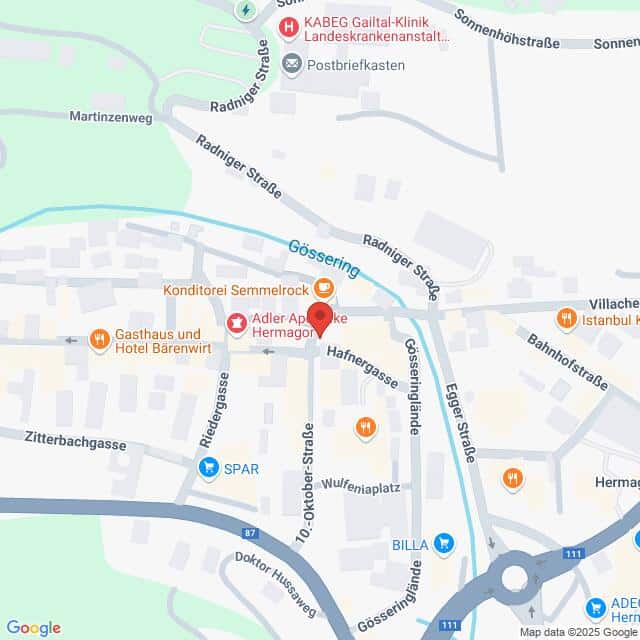 Lehrlingsportal.at Karte des Zentrums von Gössering, Hermagor, Österreich, mit eingezeichneten Orten wie der Konditorei Semmelrock, der Adler Apotheke und nahe gelegenen Hotels, Geschäften und Straßen.