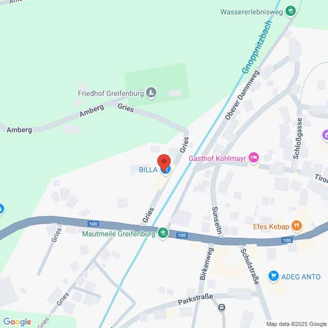 Lehrlingsportal.at Die Karte zeigt die Lage des BILLA-Supermarkts in Greifenburg, Österreich, in der Nähe der Griesstraße und in der Nähe von Sehenswürdigkeiten wie Gasthof Kohlmayr und Efes Kebab.