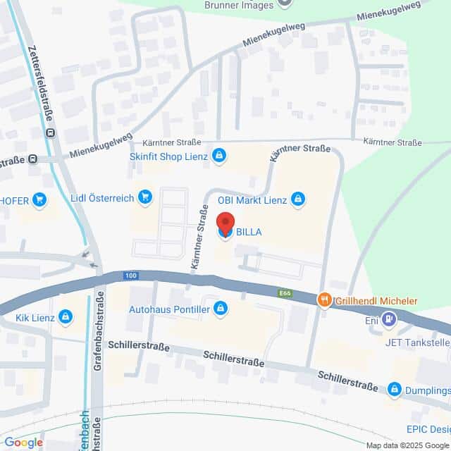 Lehrlingsportal.at Eine Karte mit Geschäften und Straßen in Lienz, Österreich, einschließlich BILLA, OBI Markt Lienz, Lidl und den Kreuzungen Schillerstraße und Kärntner Straße.