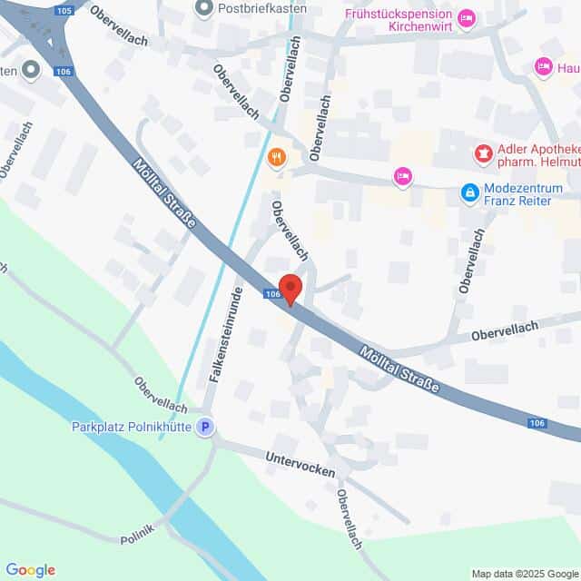 Lehrlingsportal.at Eine Karte, die einen Abschnitt von Obervellach, Österreich, zeigt und die Mölltal Straße (B106) sowie nahe gelegene Sehenswürdigkeiten wie eine Apotheke und einen Parkplatz hervorhebt.