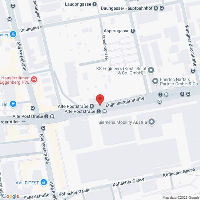 Lehrlingsportal.at Karte der Kreuzung Alte Poststraße und Eggenberger Straße in Graz, Österreich, mit Beschriftung der umliegenden Geschäfte und Straßen.