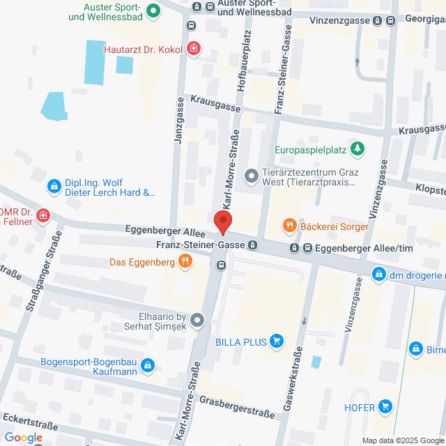 Lehrlingsportal.at Karte der Kreuzung Eggenberger Allee, Karl-Morre-Straße und Franz-Steiner-Gasse in Graz, Österreich, mit Beschriftung der umliegenden Geschäfte und Sehenswürdigkeiten.