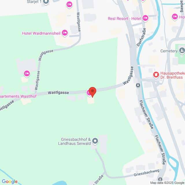 Lehrlingsportal.at Die Karte zeigt einen Standort in der Wastlgasse in einer Grünanlage, in der Nähe von mehreren Hotels und Straßen in einer städtischen Umgebung.