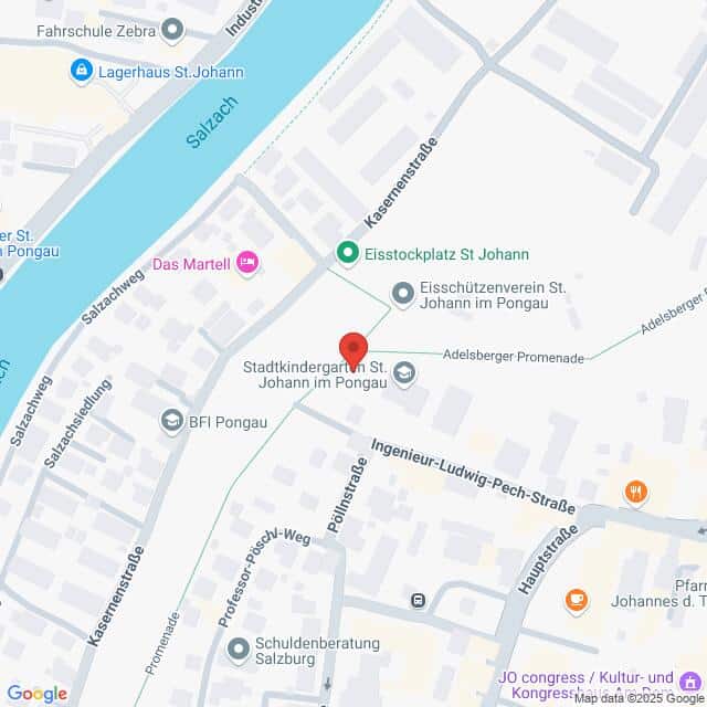 Lehrlingsportal.at Kartenansicht mit der Lage des Stadtkindergartens St. Johann im Pongau, Österreich, in der Nähe des Flusses Salzach und einiger lokaler Sehenswürdigkeiten und Straßen.