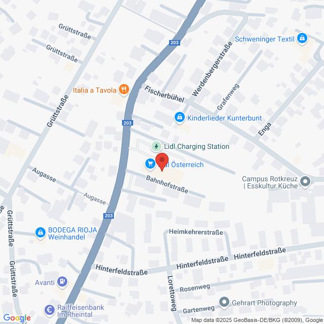 Lehrlingsportal.at Karte mit Standorten in einer Stadt, einschließlich Lidl-Ladestation, BODEGA RIOJA Weinhandel und nahe gelegene Straßen wie Bahnhofstraße und Fischerbühel.