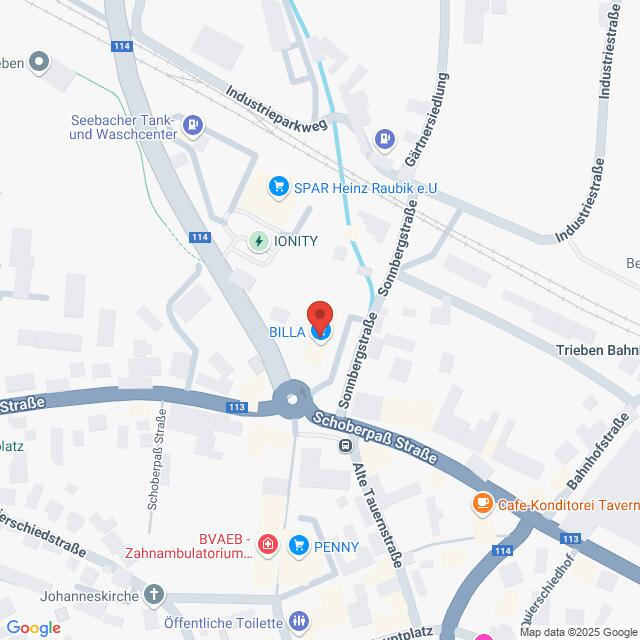 Lehrlingsportal.at Die Karte zeigt den Standort des BILLA-Supermarkts an der Kreuzung Sonnbergstraße und Schopenhauerstraße, in der Nähe anderer lokaler Geschäfte und Einrichtungen in einem städtischen Gebiet.