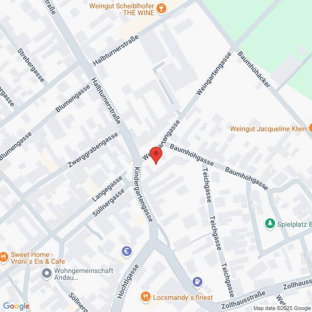 Lehrlingsportal.at Eine Karte mit Straßen und Geschäften in Andau, Österreich, die sich auf die Kreuzung Baumhölgasse und Kirchengartengasse konzentriert, mit verschiedenen lokalen Wahrzeichen.