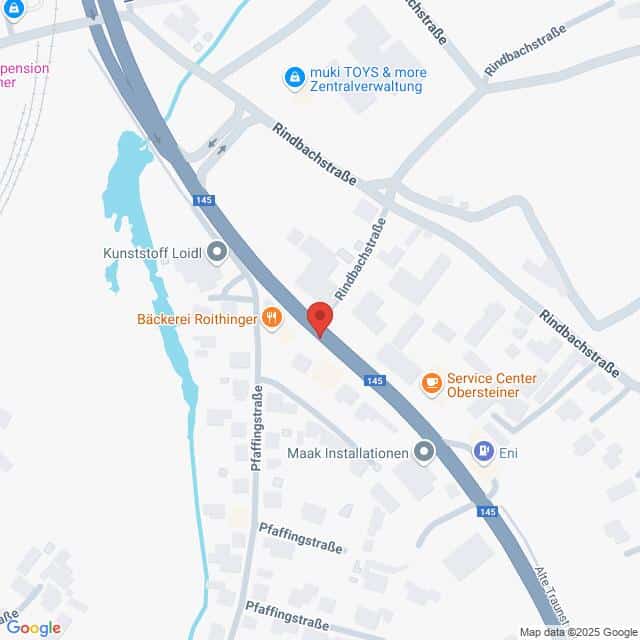 Lehrlingsportal.at Karte eines Abschnitts der Rindbachstraße in Ebensee, Österreich, mit eingezeichneten Standorten wie der Bäckerei Roithinger und dem Service Center Obersteiner.