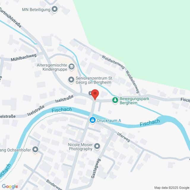 Lehrlingsportal.at Eine Karte, die die Kreuzung von Iselstraße und Fischach in Bergheim, Österreich, zeigt, mit Markierungen für nahegelegene Sehenswürdigkeiten und Unternehmen.