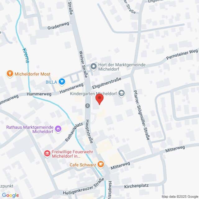 Lehrlingsportal.at Eine digitale Karte, die einen Ausschnitt von Micheldorf mit eingezeichneten Straßennamen, Wahrzeichen und Geschäftsstandorten zeigt. Die rote Standortnadel ist auf die Hauptstraße zentriert.