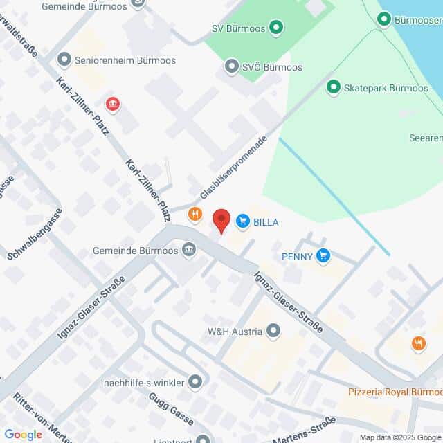 Lehrlingsportal.at Karte, die einen Ausschnitt von Bürmoos, Österreich, zeigt und Orte wie BILLA, PENNY, Gemeinde Bürmoos sowie nahe gelegene Straßen und Wahrzeichen hervorhebt.