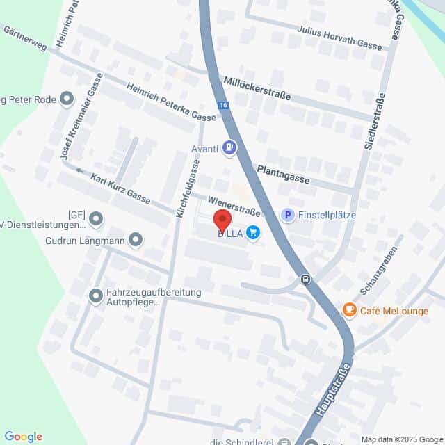 Lehrlingsportal.at Eine Karte, die einen Ausschnitt eines Viertels mit beschrifteten Straßen, Geschäften und Sehenswürdigkeiten entlang der Wienerstraße und der Hauptstraße zeigt.
