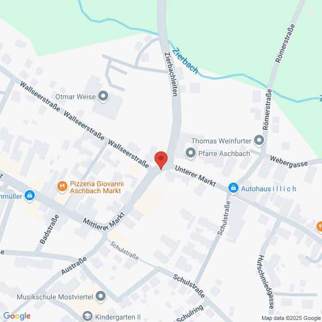 Lehrlingsportal.at Die Karte zeigt einen Stadtausschnitt mit beschrifteten Straßen, Geschäften und Sehenswürdigkeiten, in der Mitte die Wallseerstraße in der Nähe des Aschbacher Marktes.