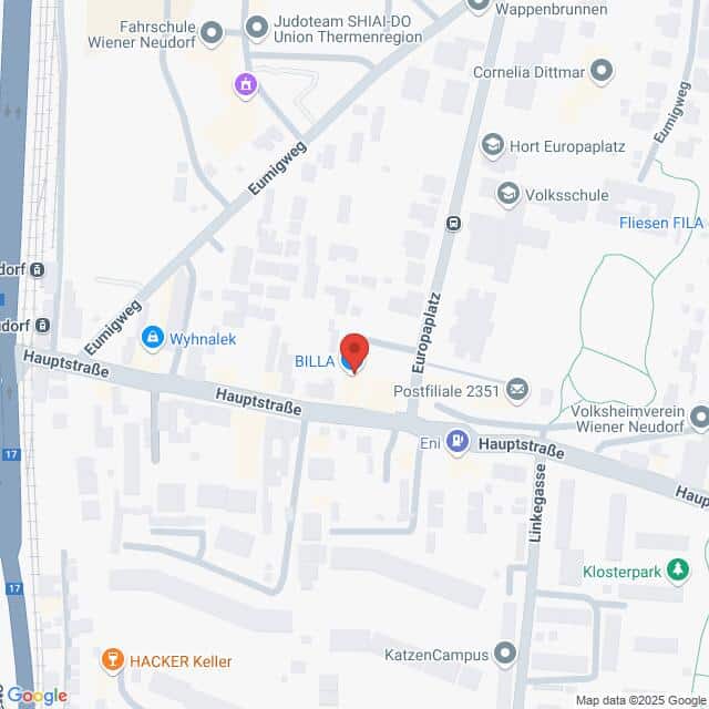 Lehrlingsportal.at Eine Karte, die die Kreuzung von Hauptstraße und Europaplatz in Wiener Neudorf, Österreich, mit nahegelegenen Geschäften und Wahrzeichen markiert.