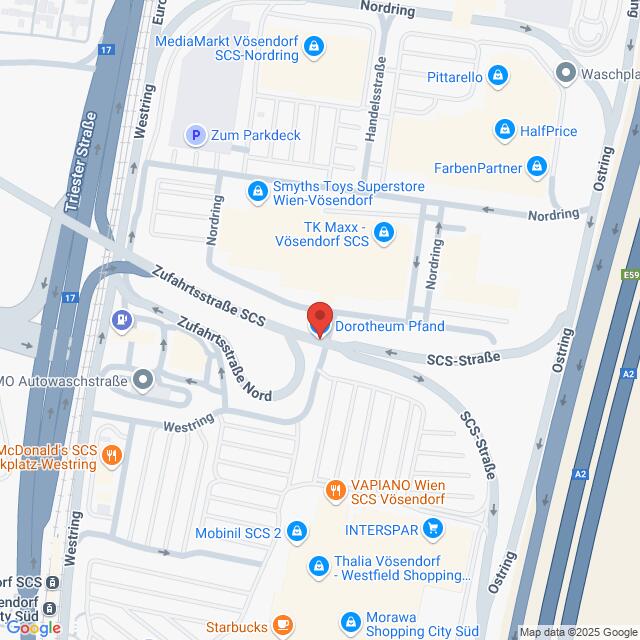 Lehrlingsportal.at Die Karte zeigt die Lage des Dorotheum Pfand in der Nähe der SCS-Straße in Vösendorf, Österreich, umgeben von Geschäften, Restaurants und Hauptverkehrsstraßen wie der Triester Straße und der Autobahn A2.