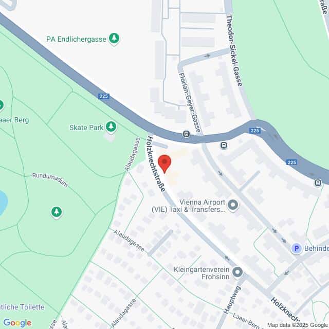 Lehrlingsportal.at Karte, die einen Abschnitt der Holzkranichstraße in Wien, Österreich, zeigt, wobei die umliegenden Straßen, ein Skatepark und nahe gelegene Sehenswürdigkeiten hervorgehoben sind.