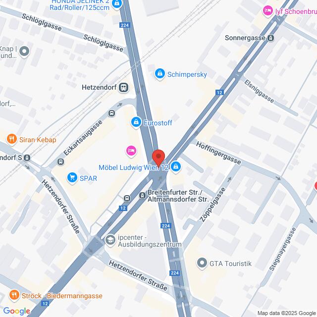 Lehrlingsportal.at Karte der Kreuzung Breitenfurter Str., Altmannsdorfer Str. und Hetzendorfer Straße in Wien mit verschiedenen Geschäften und Sehenswürdigkeiten in der Nähe.