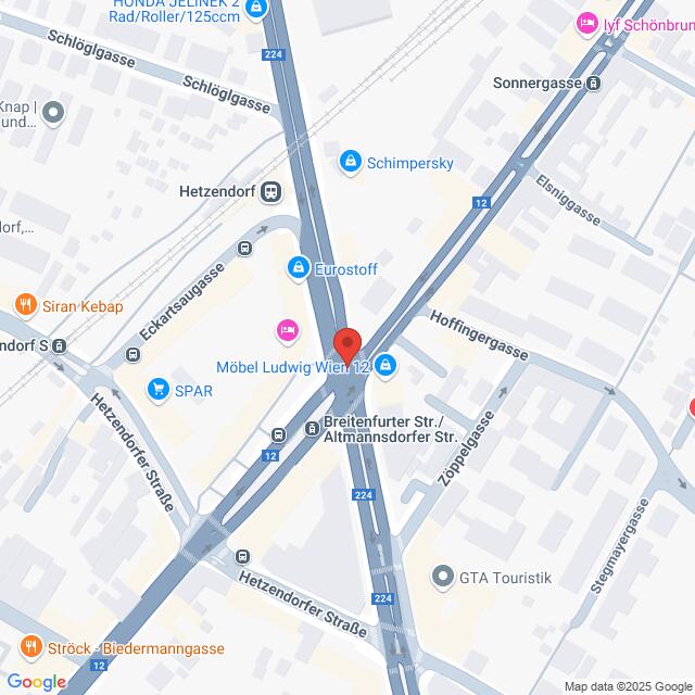 Lehrlingsportal.at Karte der Kreuzung Hetzendorfer Straße und Altmannsdorfer Straße in Wien, Österreich, mit Markierung der umliegenden Geschäfte und Sehenswürdigkeiten.