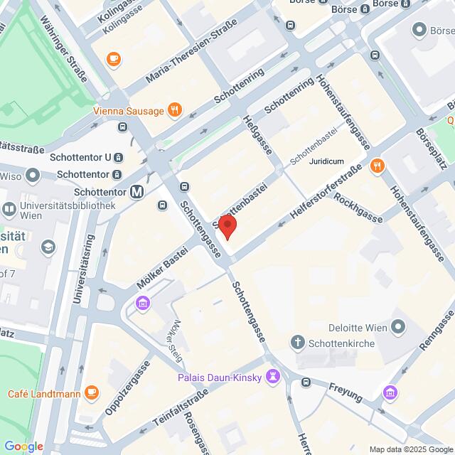 Lehrlingsportal.at Eine digitale Karte zeigt einen Ausschnitt des Wiener Stadtzentrums, wobei die Schottengasse und die umliegenden Sehenswürdigkeiten und Geschäfte hervorgehoben werden.
