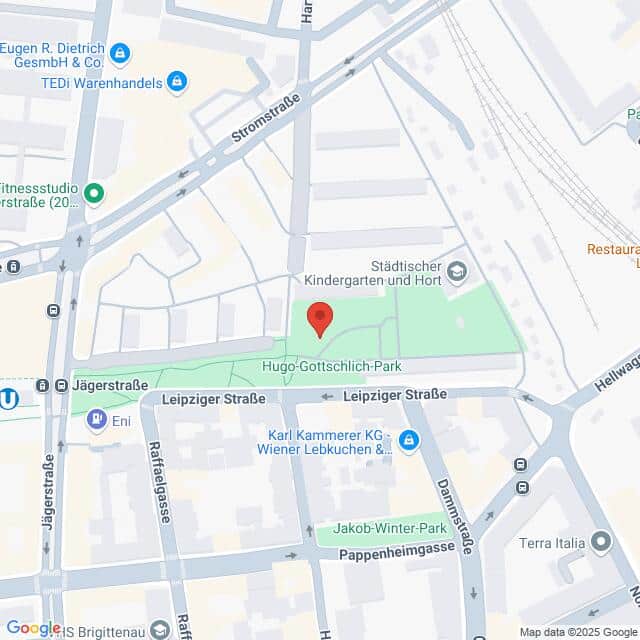 Lehrlingsportal.at Die Karte zeigt die Lage des Hugo-Gottschlich-Parks in der Nähe der Kreuzung Leipziger Straße und Jägerstraße in einem städtischen Gebiet mit nahe gelegenen Parks und Geschäften.