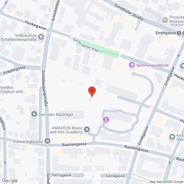 Lehrlingsportal.at Die Karte zeigt eine Stecknadel in einem Block, der von Scheibenbergstraße, Erndtgasse, Bastiengasse und Hockegasse in Wien, Österreich, begrenzt wird. Nahegelegene Orte und Straßen sind beschriftet.
