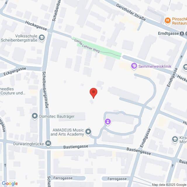 Lehrlingsportal.at Eine Karte mit einer Standortmarkierung in der Nähe der AMADEUS Musik- und Kunstakademie in Wien, Österreich, an der Grenze zwischen Bastiengasse, Scheibenbergstraße und Erndtgasse.