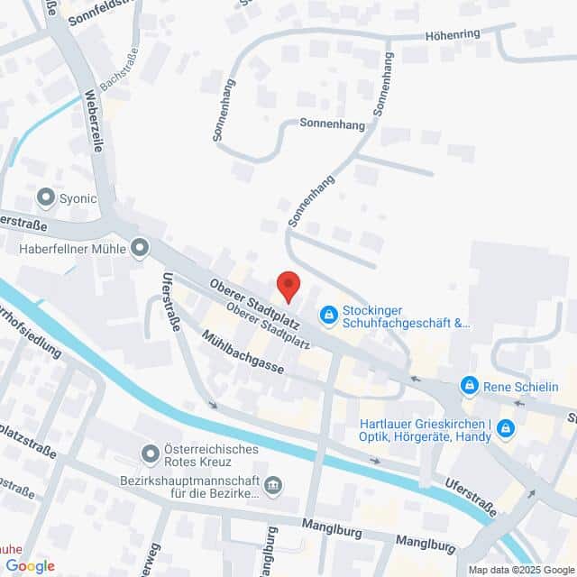 Lehrlingsportal.at Eine digitale Karte mit Straßen und Sehenswürdigkeiten in einer Stadt, mit einer roten Standortmarkierung am Oberen Stadtplatz in der Nähe der Mühlbachgasse.