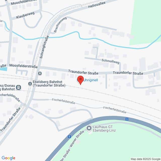 Lehrlingsportal.at Karte der Umgebung des Ebelsberger Bahnhofs mit eingezeichneten Straßen wie Traundorfer Straße, Fischerfeldstraße und Moosfelderstraße. Eine Markierung zeigt einen bestimmten Ort an.