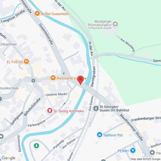 Lehrlingsportal.at Karte der Gegend um den Unteren Markt in Sankt Georgen an der Gusen, Österreich, mit Beschriftung der umliegenden Sehenswürdigkeiten, Straßen und Geschäfte.