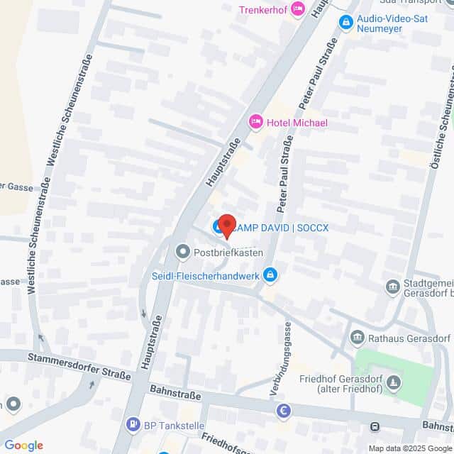Lehrlingsportal.at Karte der Gegend um die Hauptstraße und die Peter-Paul-Straße in Gerasdorf, Österreich, mit eingezeichneten Orten wie dem Hotel Michael und dem Seidl-Fleischerhandwerk.