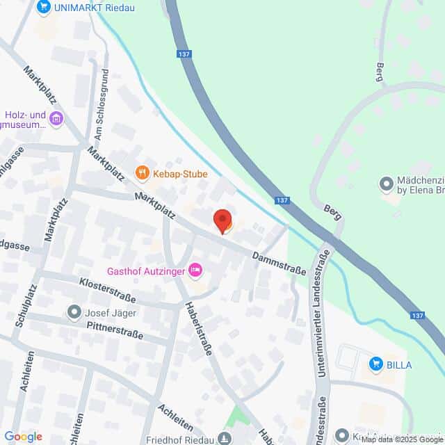 Lehrlingsportal.at Karte mit einem Ausschnitt von Riedau, Österreich, mit Markierungen für lokale Unternehmen, Straßen und den nahe gelegenen Fluss.