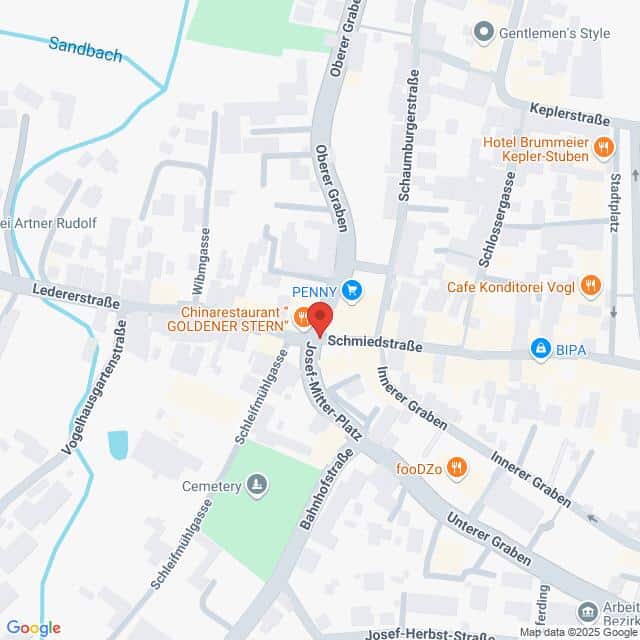 Lehrlingsportal.at Die Karte zeigt einen zentralen Bereich in einer Stadt mit beschrifteten Straßen, Geschäften, Restaurants und einem Friedhof in der Nähe der Bahnhofstraße und des Oberen Grabens.