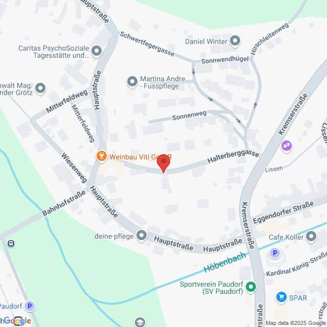 Lehrlingsportal.at Karte der Halterberggasse in Paudorf, Österreich, mit Markierung der umliegenden Straßen und Geschäfte, einschließlich Weinbau Viti G und SPAR.