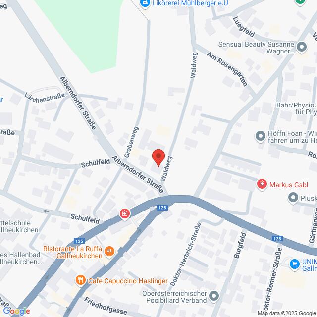 Lehrlingsportal.at Eine Karte, die einen Ausschnitt von Gallneukirchen, Österreich, zeigt, mit beschrifteten Straßen, Geschäften und einer roten Standortmarkierung am Mühlweg nahe der Altenberger Straße.