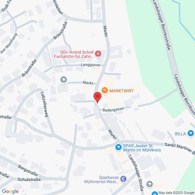 Lehrlingsportal.at Karte des Mühlviertels, Österreich, mit Straßen wie dem Marktplatz, der Landstraße und Wahrzeichen wie SPAR und MARKETWIRT.