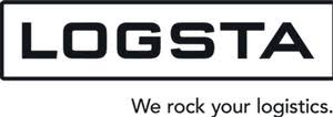 Lehrlingsportal.at LOGSTA-Logo in fetten schwarzen Buchstaben mit dem Slogan "We rock your logistics" unterhalb des Markennamens.
