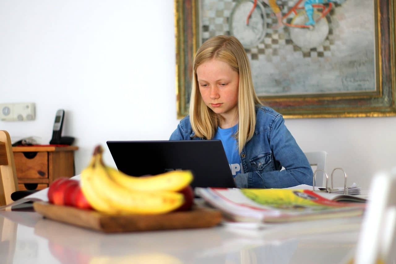 Lehrlingsportal.at Ein Mädchen mit blonden Haaren sitzt an einem Tisch und arbeitet an einem Laptop, im Vordergrund sind Papiere, ein Ordner und eine Schale mit Bananen zu sehen. Hinter ihr hängt ein Fahrradbild an der Wand.
