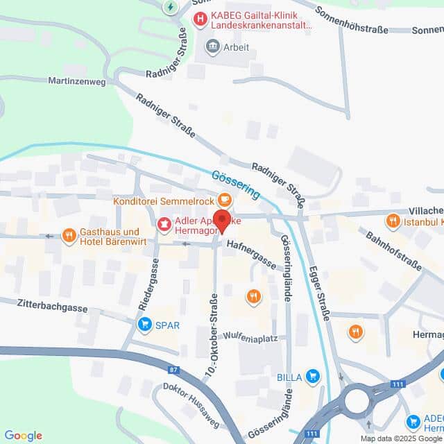 Lehrlingsportal.at Eine Karte mit Standorten in Hermagor, Österreich, mit Markierungen für Konditorei Semmelrock, Adler Apotheke Hermagor, Gasthaus und Hotel Bärenwirt, SPAR, und BILLA.