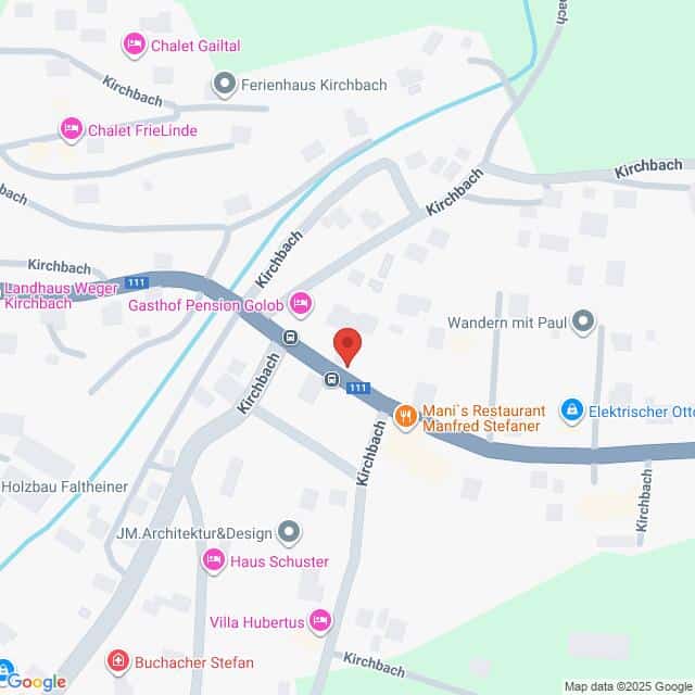 Lehrlingsportal.at Die Karte zeigt einen Ausschnitt von Kirchbach mit eingezeichneten Sehenswürdigkeiten, Straßen und Unternehmen, darunter Restaurants, Hotels und ein Designbüro.