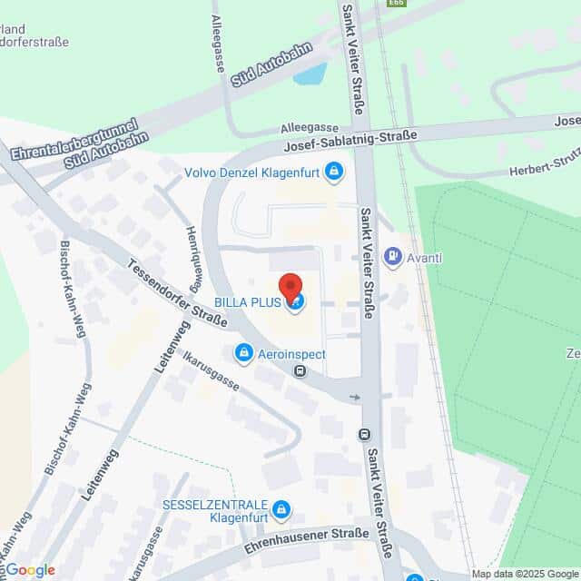 Lehrlingsportal.at Karte mit der Lage von BILLA PLUS in der Tessendorfer Straße in Klagenfurt, Österreich, mit Markierung der umliegenden Straßen und Sehenswürdigkeiten.