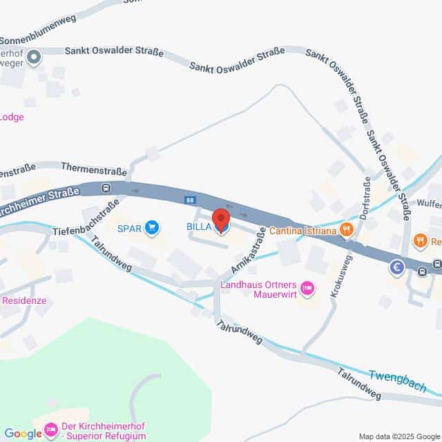 Lehrlingsportal.at Eine Karte, die einen Abschnitt der Sankt Oswalder Straße in Bad Kleinkirchheim, Österreich, zeigt, mit Hervorhebung von Geschäften wie SPAR, BILLA und Cantina Istriana.