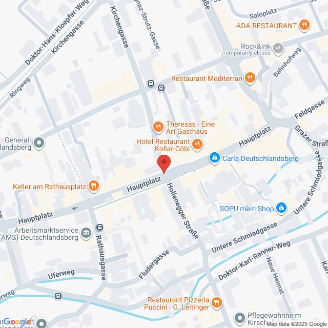 Lehrlingsportal.at Kartenansicht des Hauptplatzes in Deutschlandsberg, Österreich, mit nahegelegenen Restaurants, Geschäften und bemerkenswerten Orten, die mit beschrifteten Pins markiert sind.