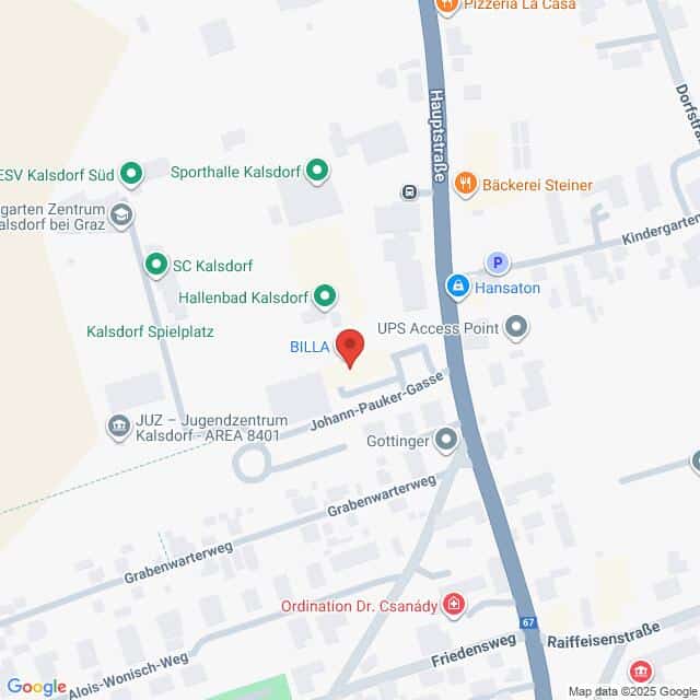 Lehrlingsportal.at Die Karte zeigt einen Ausschnitt von Kalsdorf bei Graz, Österreich, mit beschrifteten Standorten wie BILLA, UPS Access Point und nahe gelegenen Straßen wie Johann-Pauker-Gasse und Hauptstraße.
