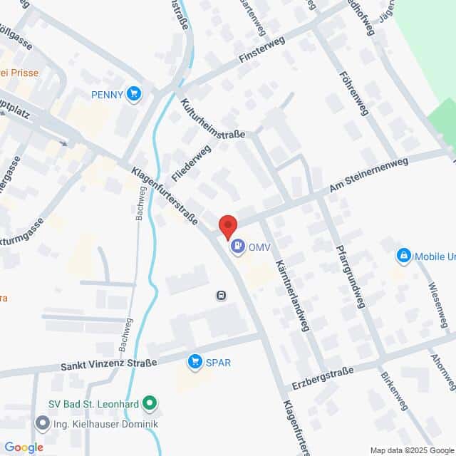 Lehrlingsportal.at Eine digitale Karte mit Straßen und Sehenswürdigkeiten in Bad St. Leonhard, Österreich, mit einer roten Standortmarkierung für die OMV-Tankstelle. Die nahe gelegenen Supermärkte SPAR und PENNY sind ebenfalls eingezeichnet.