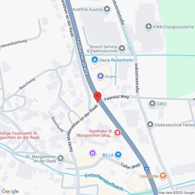 Lehrlingsportal.at Karte von St. Margarethen an der Raab mit Markierungen für Unternehmen, Straßen und Sehenswürdigkeiten entlang der Feldbacher Straße und der umliegenden Straßen.